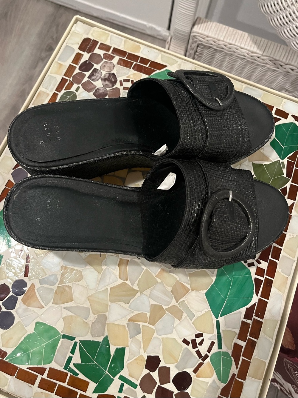 Black Platform Slide Wedges with Decorative Buckle - Picture 2 of 4